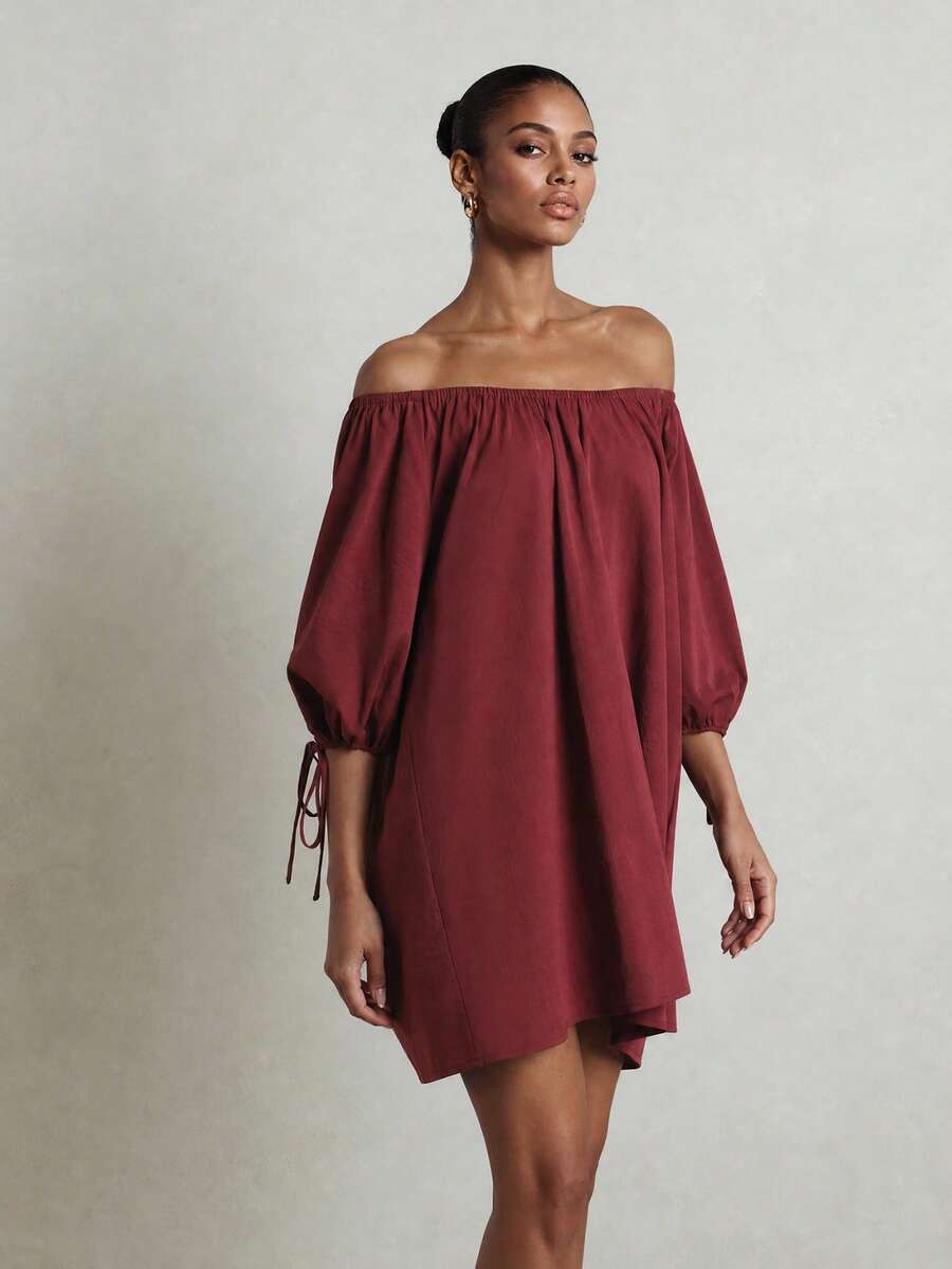 KSTM Off-Shoulder Puff Sleeve Mini Dress With Tie Cuff Detail Relaxed Fit Summer Party Shift Dress - Burgundy - View 1