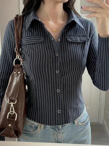 DAZY 女款修身正式通勤棉質條紋深藍色鈕扣領長袖襯衫 - 藏蓝色 - 查看 7