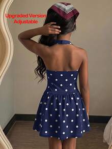 SHEIN 少女休閒時尚波點掛脖A字洋裝 - 藍色 - 查看 3