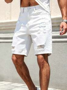 Manfinity Homme Men's Spring Summer Street Style Casual Distressed Ripped Straight Leg White Denim Shorts - White - View 3