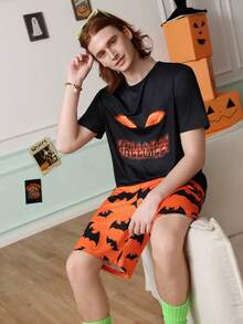 Chillnights Young Bat Halloween Pattern Colorblock Men's Loungewear Set - Multicolor - View 6