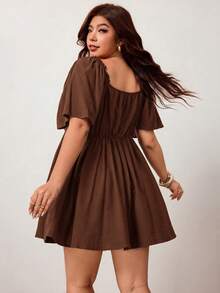 Enliva Plus Size Women's Spring/Summer New Casual Daily Wear, Suitable For Party, Date, Birthday, Music Festival, Back To School, Commute, Vacation And More Occasions, Ruffle Short Sleeve Dress, Off-Shoulder Design, Soft Cotton Blend Fabric, Loose Fit, Short Length, Black, Plus Size Available - Brown - View 3