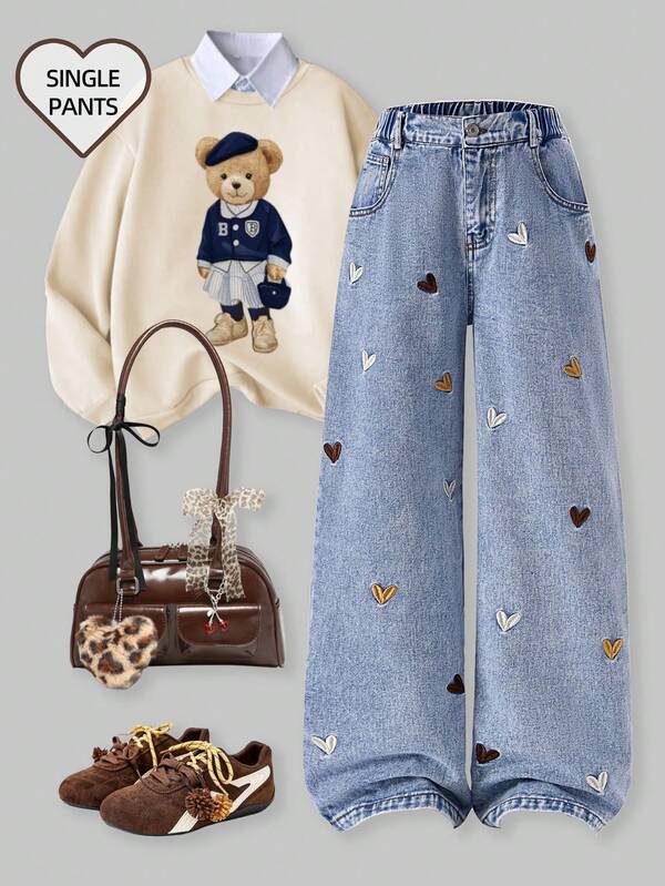 SHEIN ChillGRL Tween Girl Blue Autumn Cute Heart Embroidered Loose Wide-Leg Jeans Denim, Back-To-School Y2k 90s Tween Girl Graphic Flower School Baggy Denim Pants