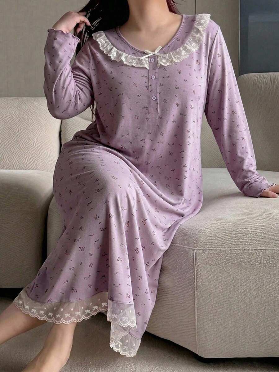 Dazy Plus 女款大尺碼拼接蕾絲短袖春夏碎花滿版寬鬆可愛長款居家睡裙睡衣 - 紫色 - 查看 1