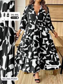 SHEIN CURVE+ Women's Plus Size Fashion Commuter All-Over Print Dress Fall - Black and White - View 1