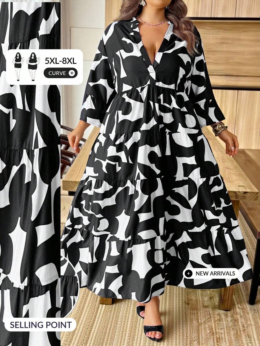 SHEIN CURVE+ Women's Plus Size Fashion Commuter All-Over Print Dress Fall - Black and White - View 1