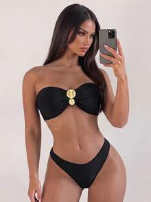 SHEIN Swim 3 件套春假纯色抹胸比基尼套装和超长网眼裙，优雅性感夏季海滩度假女士泳装 - 黑色 - 查看 3