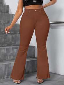 Slaydiva Plus Size Fashion Versatile Button Pocket Frayed Hem Flare Jeans - Brown - View 1