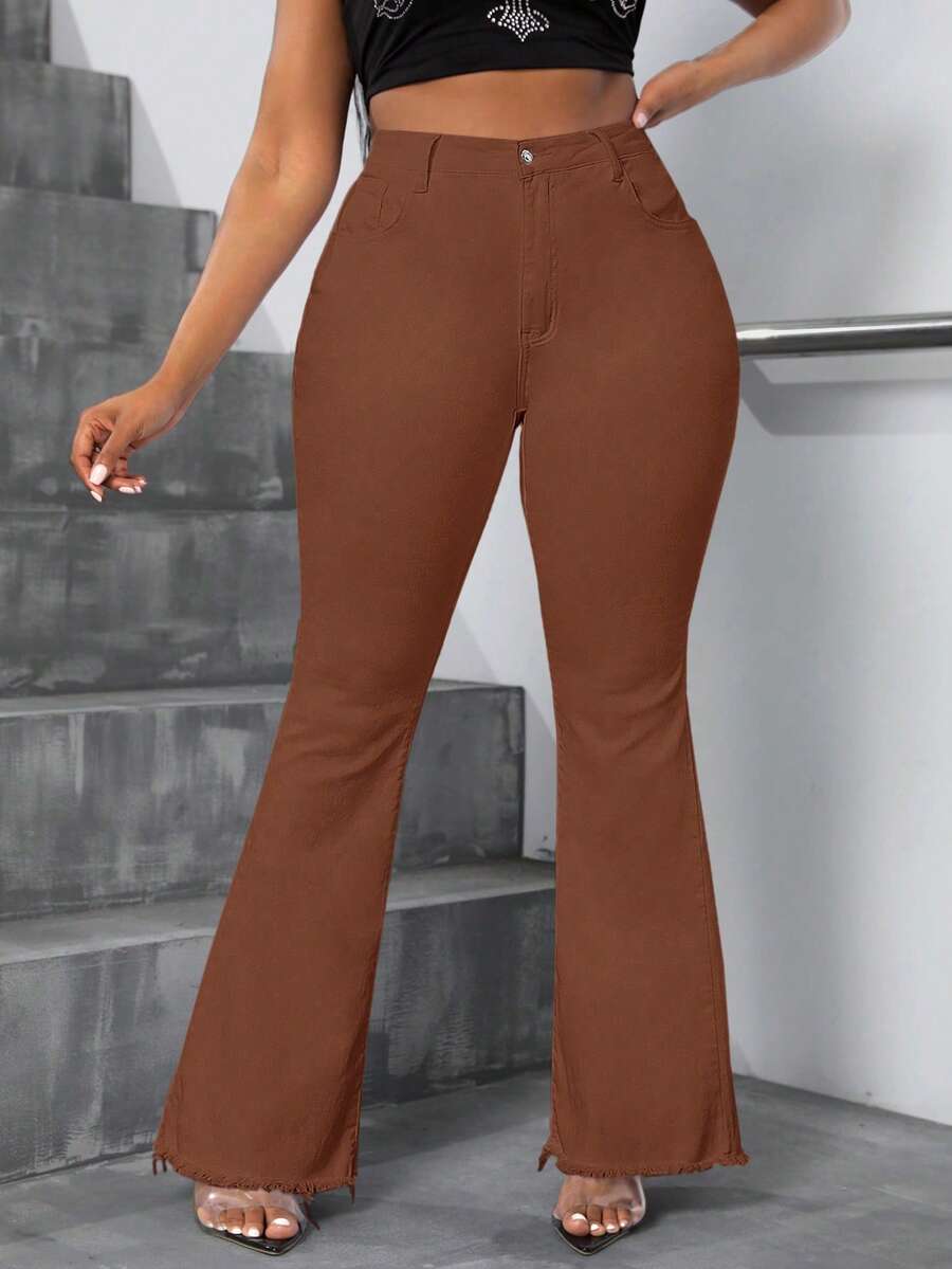 Slaydiva Plus Size Fashion Versatile Button Pocket Frayed Hem Flare Jeans - Brown - View 1