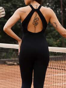 Maju Mazalli 2pcs Solid Color Backless Halter Neck Fitted Jumpsuit Sports Summer - Multicolor - View 5