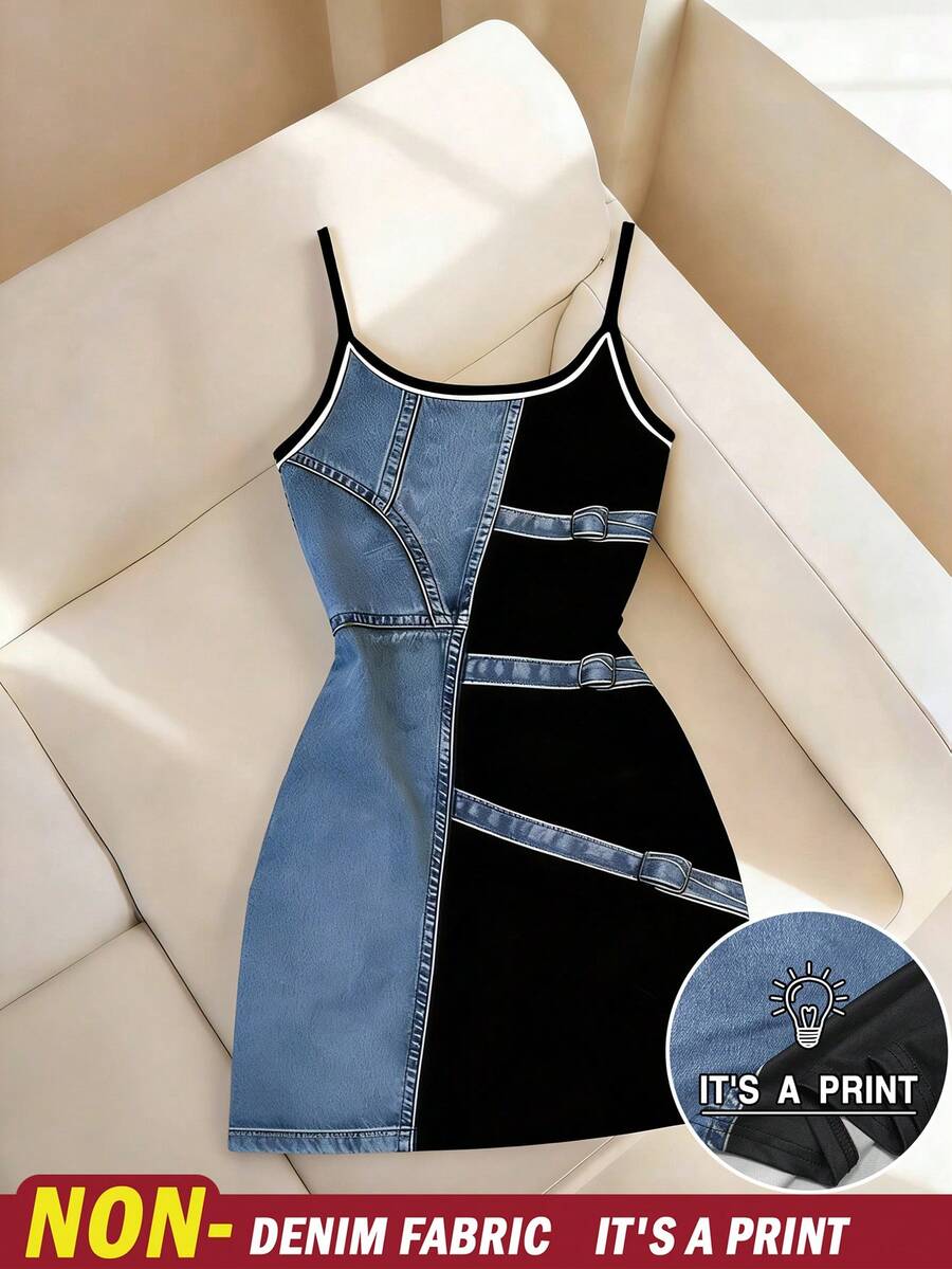SHEIN 新款热销牛仔印花修身迷你连衣裙 - 彩色 - 查看 1