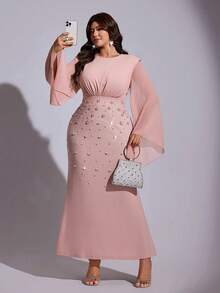 Viva Relle Plus Size Women's New Pink Round Neck Flowing Trumpet Sleeves, Heavy-Duty Nail Bead Long Dress For Women's Dinner Parties Fall - Dusty Pink - View 3