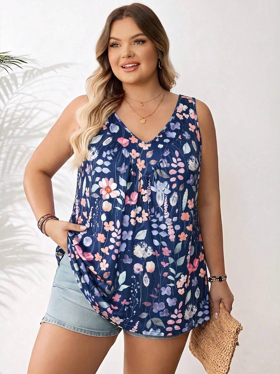 SHEIN CURVE+ 女款大尺碼綠色V領寬鬆背心