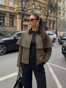 Firerie Jaket Kardigan Syal Vintage Kasual Wanita Warna Hijau, Mantel Trench Pendek Musim Gugur, Jaket Gudang, Gaya Jalanan Kasual untuk Beraktivitas di Luar Ruangan - Coklat - View 5