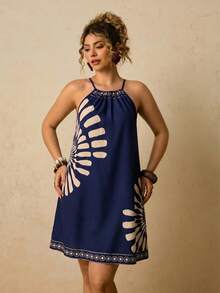 Travachic Plus Size Women's Colorblock Casual Daily Summer Halter Neck Dress - Multicolor - View 6