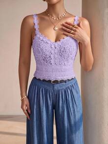 SHEIN Clasi 女款花卉刺繡圖案修身百搭日常穿著上衣 - 淡紫色 - 查看 3