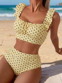 Swim Basics 2件組女款夏季海灘優雅簡約度假風黑白波點荷葉邊肩帶前褶上衣與高腰抓皺三角泳褲套裝 - 淡黃色 - 查看 7
