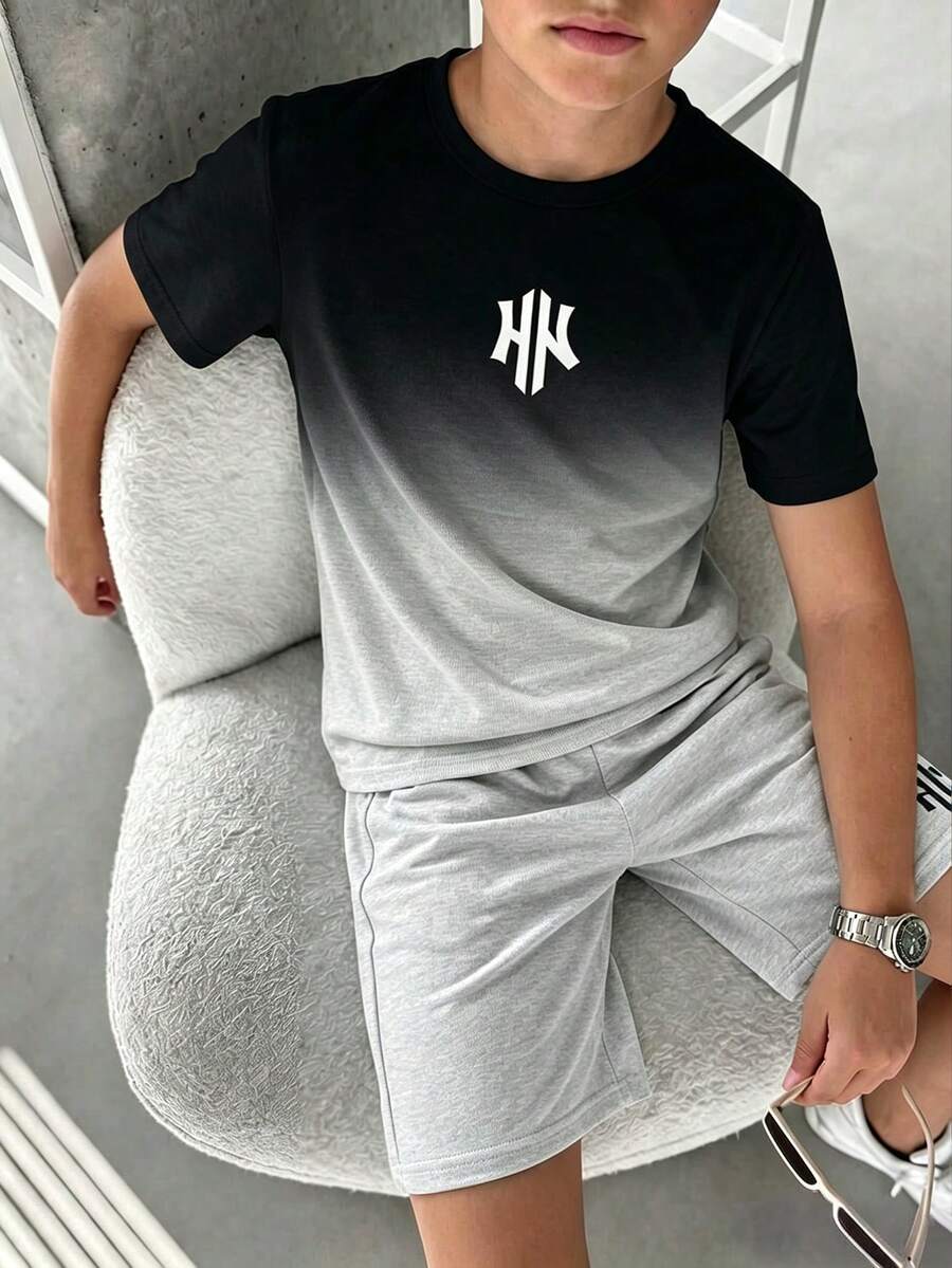 青少年男孩休閒舒適時尚極簡圓領短袖T恤與短褲套裝 - 彩色 - 查看 1