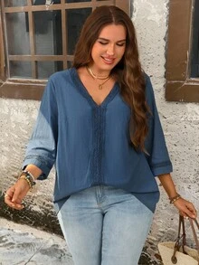 EMERY ROSE Áo sơ mi ren phối mảnh truyền thống thanh lịch thường ngày cho giáo viên, size lớn, màu xanh phấn, phong cách công sở và buổi tối, mùa hè - Màu xanh lam - Xem 7