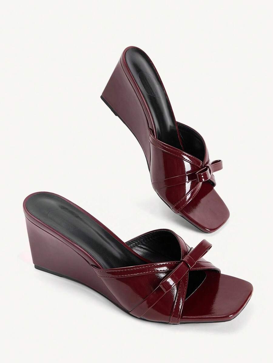 CUCCOO CHICEST Women's Shoes Three-Dimensional Bow Square Toe Wedge Heel Elegant Commuting Burgundy PU Leather Women's Wedge Heel Platform Sandals Dating Vacation - Burgundy - View 1
