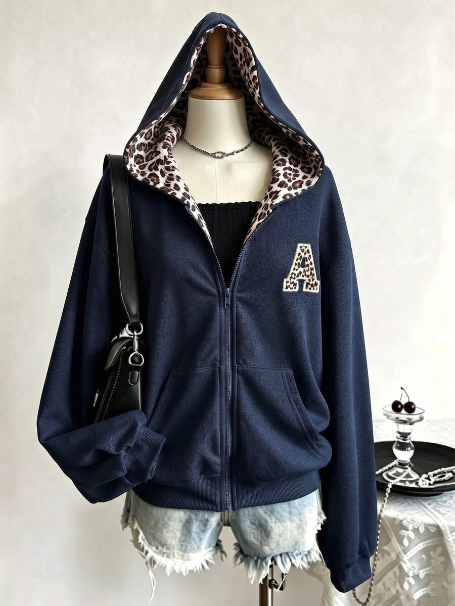 秋冬季青少年女孩連帽拉鍊夾克-混搭街頭風,保暖針織面料,適合秋冬,微鬆版型預留成長空間,適合校園與街頭穿搭,瞬間變身活力女孩 - 藏蓝色 - 查看 1