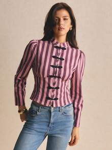 Poéselle Women's Street Fashion Striped Frog Button Long Sleeve Denim Top - Multicolor - View 3