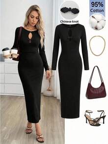 Easowa Women's Elegant Solid Color Hollow Out Slim Fit Dress Cotton Cocktail Dinner Date Bar Party Black Autumn - Black - View 2