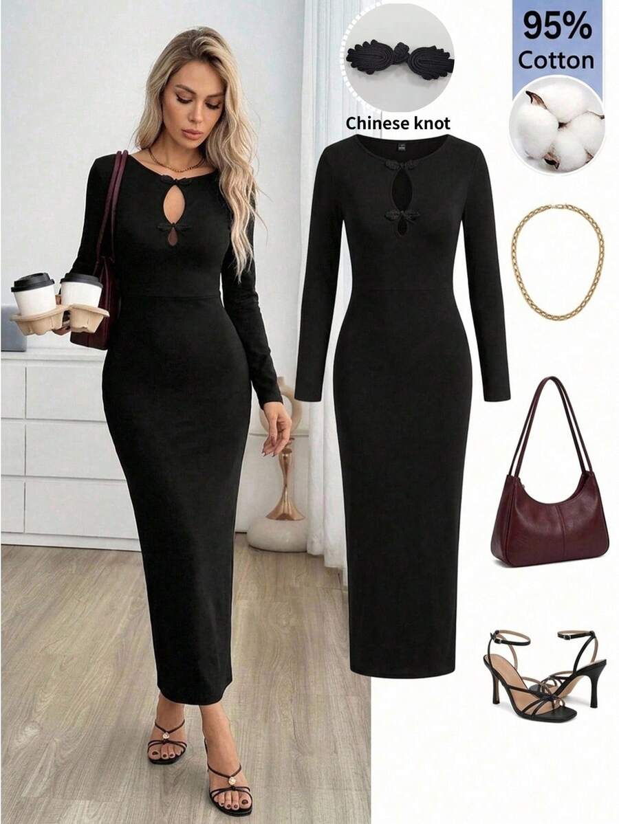 Easowa Women's Elegant Solid Color Hollow Out Slim Fit Dress Cotton Cocktail Dinner Date Bar Party Black Autumn