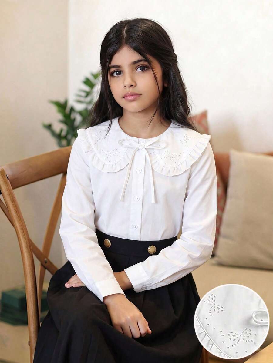 SHEIN Tween女孩可愛休閒百搭學院風白色長袖燒花蝴蝶結圖案彼得潘領襯衫 - 白色 - 查看 1