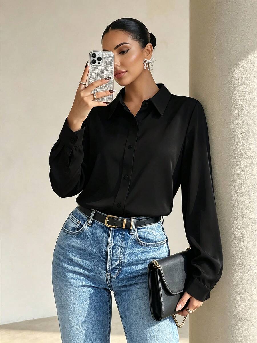 Structelle Camisa de manga larga de un solo color con botones delanteros, tops de manga larga - Negro - Ver 1