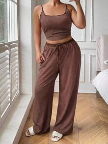 Dazy Plus Striped Slim Fit Camisole Top & Pajama Pants Set, Plus Size Women's Spring/Summer Loungewear - Brown - View 4