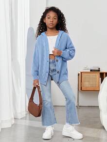 SHEIN 青少年女孩純色休閒百搭日常穿著長袖開襟衫 - 藍色 - 查看 3