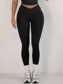 Sunnyshic Women's Colorblock Casual Versatile Daily Travel Sports Tight Leggings - Black and White - View 8