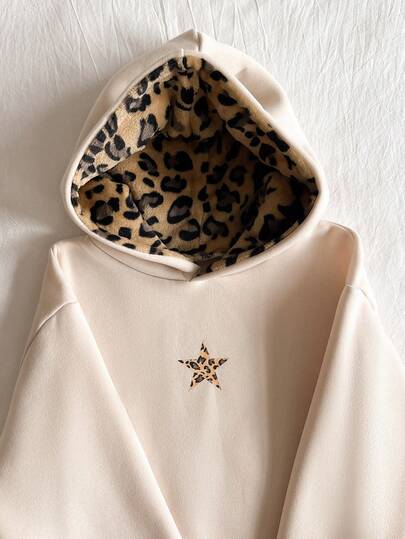 SHEIN Sparklyn Teen GirlCasual Street Style Fleece Leopard Print Hat, Long Sleeve, Fall Clothes, Suitable For School And Daily Wear Sweatshirt Autumn Fall