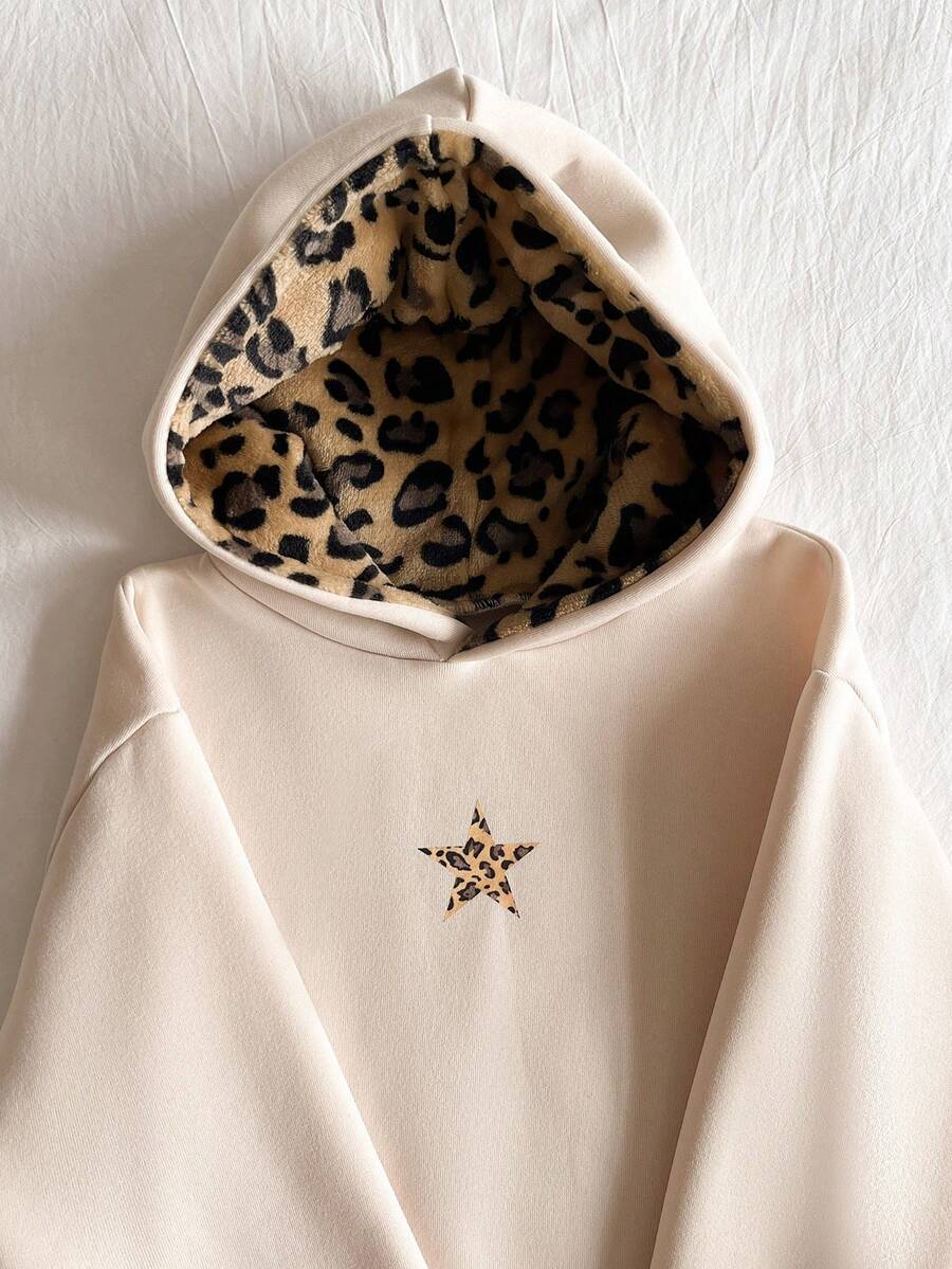 SHEIN Sparklyn 青少年女孩休閒街頭風抓絨豹紋帽子,適合學校與日常穿著,秋季衛衣搭配 - 杏色 - 查看 1