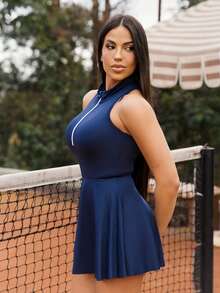 Maju Mazalli Women's Sleeveless Navy Blue Summer Casual Gym Sports Dress,Contrast Half-Open Collar,Built-In Pocket Shorts,2PCS Set For Tennis,Golf,Running,Yoga - Navy Blue - View 4