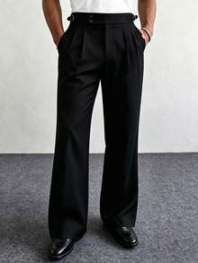 Manfinity Homme Men's Black Double Pleated Side Metal Buckle Anti-Wrinkle Business Casual Plus Size Long Pants - Black - View 1