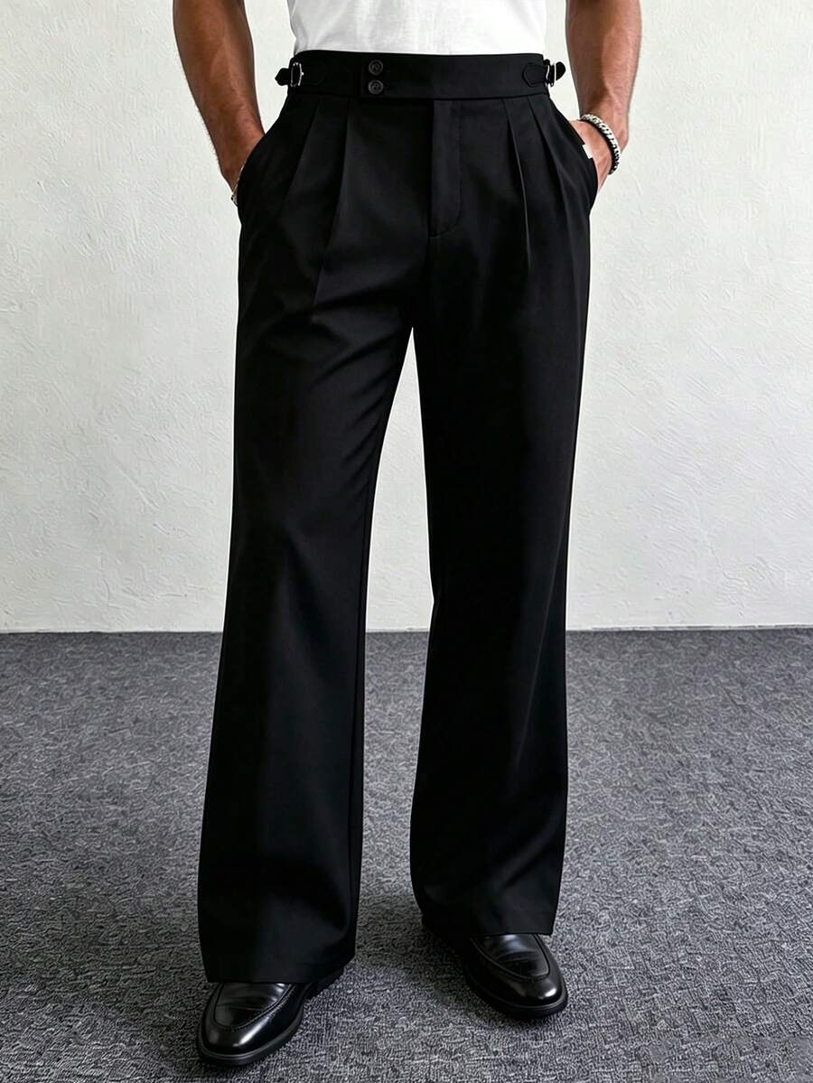 Manfinity Homme Men's Black Double Pleated Side Metal Buckle Anti-Wrinkle Business Casual Plus Size Long Pants - Black - View 1