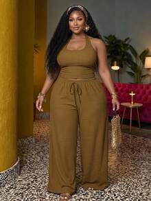 Veslaya Plus Size Summer Casual Backless Halter Top & Long Pants Set - Army Green - View 7