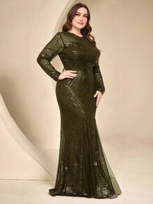Coutiva Plus Size Sequin Formal Evening Gown - Army Green - View 6
