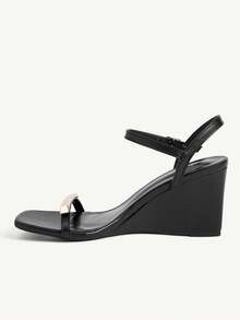CUCCOO CHICEST Black Metal Square Buckle Wedge Sandals Women, Square Toe Open Toe Ankle Buckle Summer Commuter Shoes - Black - View 5