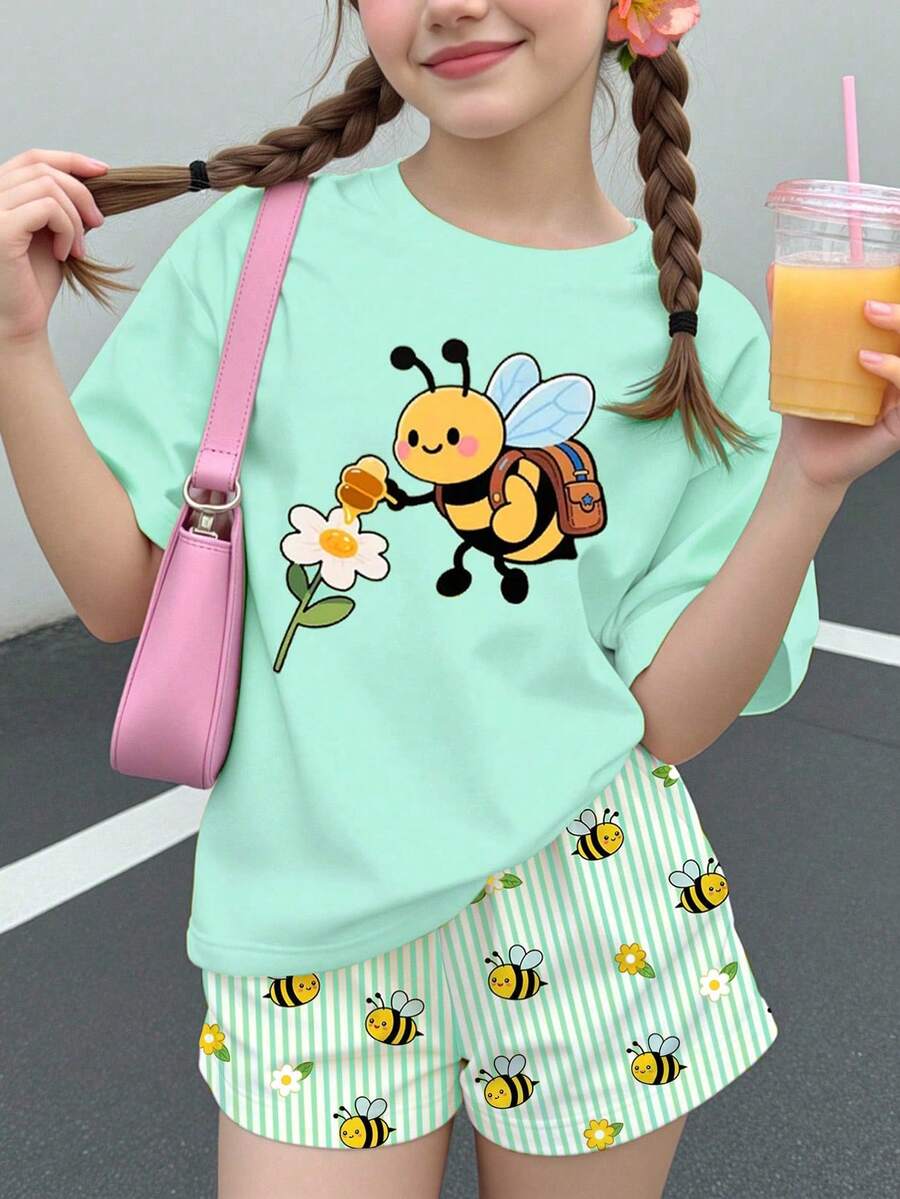 兒童青少年女孩休閒極簡卡通圖案短袖T恤與短褲兩件套,適合夏季 - 彩色 - 查看 1