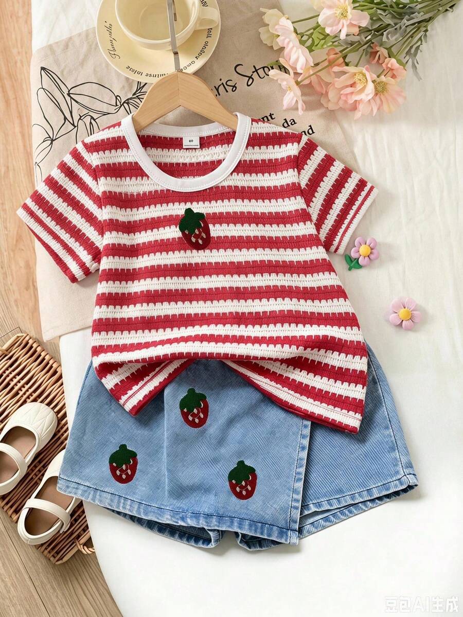 SHEIN Playful Pals 返校季女童休閒可愛圓領標準肩彩色波點彩虹印花T恤與純色牛仔裙褲套裝，夏季