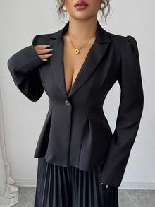 Elenzga 女士优雅通勤黑色西装外套，翻领和金色装饰纽扣，长袖修身设计 + 女士优雅通勤黑色褶皱设计阔腿裤，春秋 - 黑色 - 查看 3