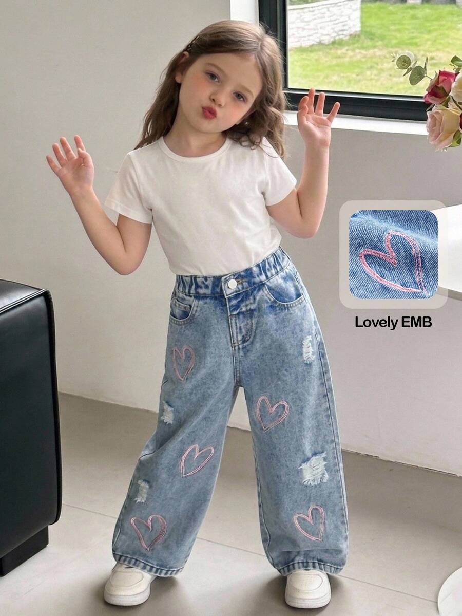 女童少女 Y2K 可愛粉色愛心刺繡藍色丹寧寬鬆牛仔褲,秋冬款,女童返校服裝、聖誕套裝、萬聖節穿搭 - 中等水洗藍 - 查看 1