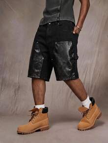 ROMWE MEN Essentials Men's Casual Pockets Faux Leather Patchwork Denim Cargo Shorts Spring/Summer - Black - View 7
