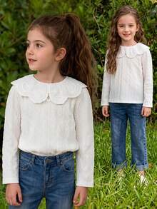 Young Girls T-Shirt, Spring/Autumn Sweet Style Long Sleeve Top, Cable Knit Textured Large Ruffle Peter Pan Collar Blouse, Versatile For School White - Beige - View 2
