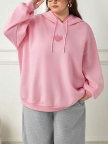 SHEIN CURVE+ 大尺碼女款休閒極簡美式復古字母印花圖案連帽長袖寬鬆衛衣 秋季 - 粉色 - 查看 4