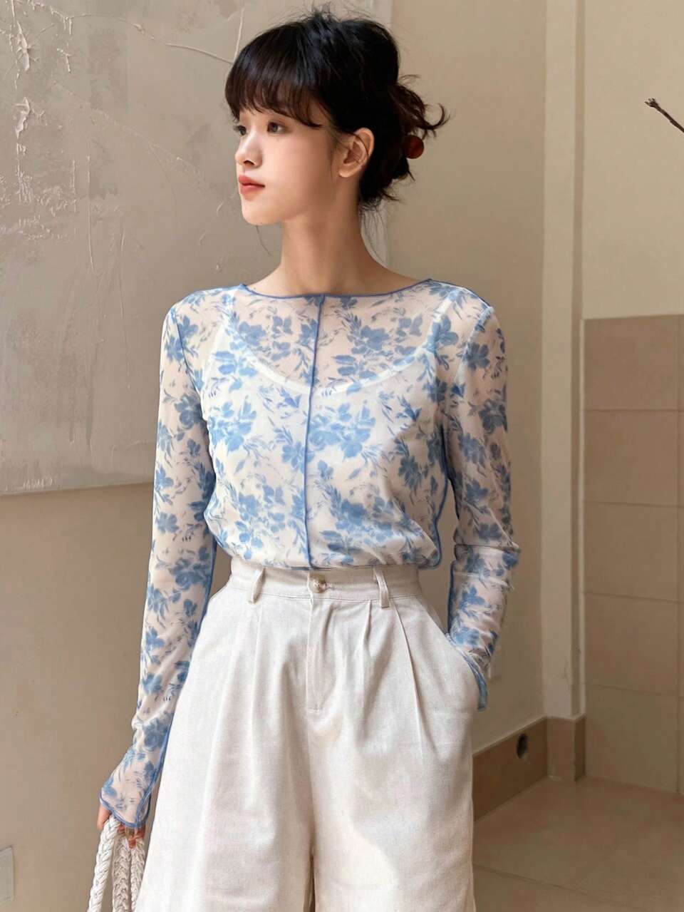Floral Print Top-Stitching Mesh Top Sheer Long Sleeve Women Tops