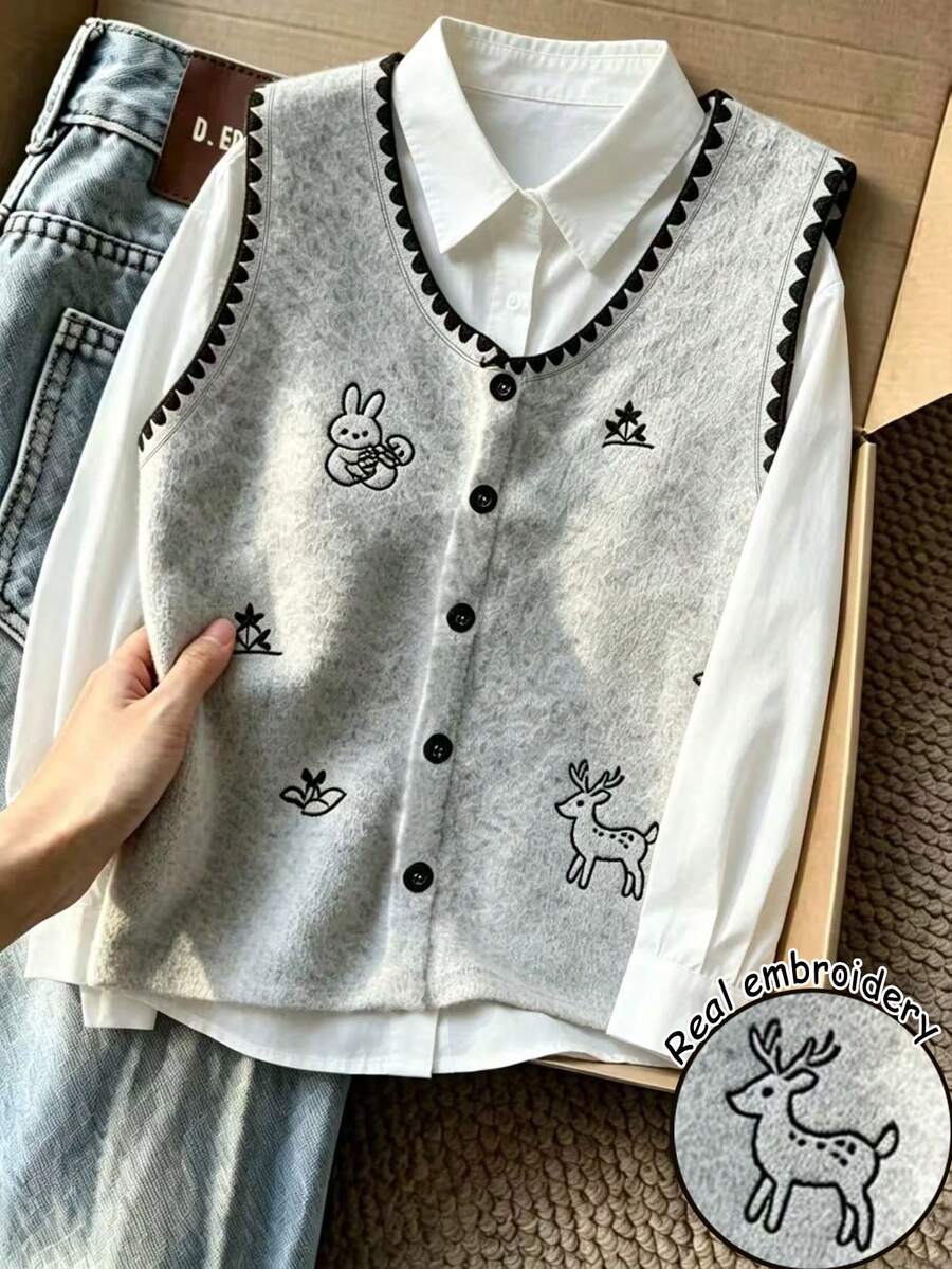 Resyla Women's Cartoon Embroidered Front Button Vest - Grey - View 1